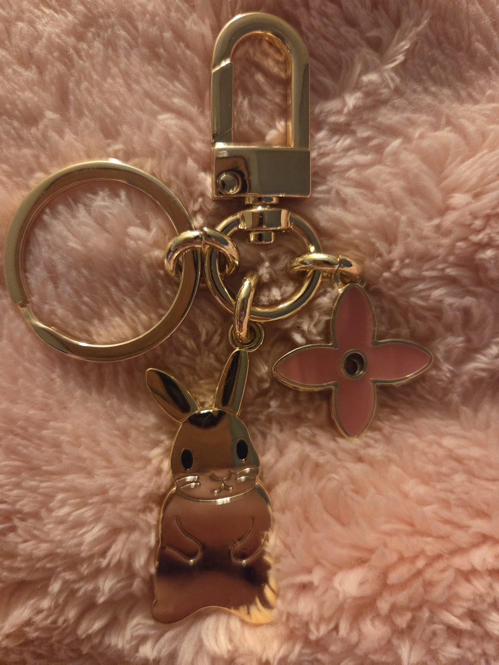 Designer Inspired - Gold Bunny Keychain & Pink Flower Charm And Gold Bag Charm